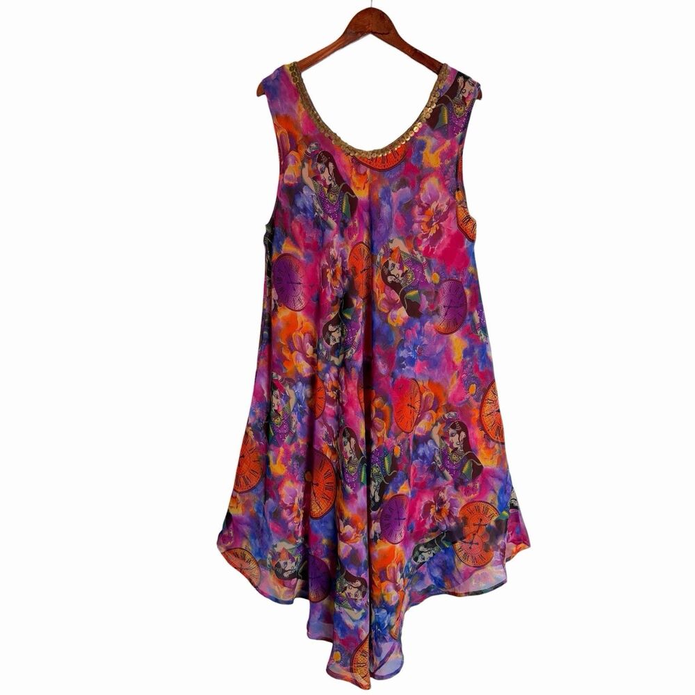 Magical Gypsy Fortune Teller Chiffon Dress Gold Beaded Boho Handkerchief Hem OS